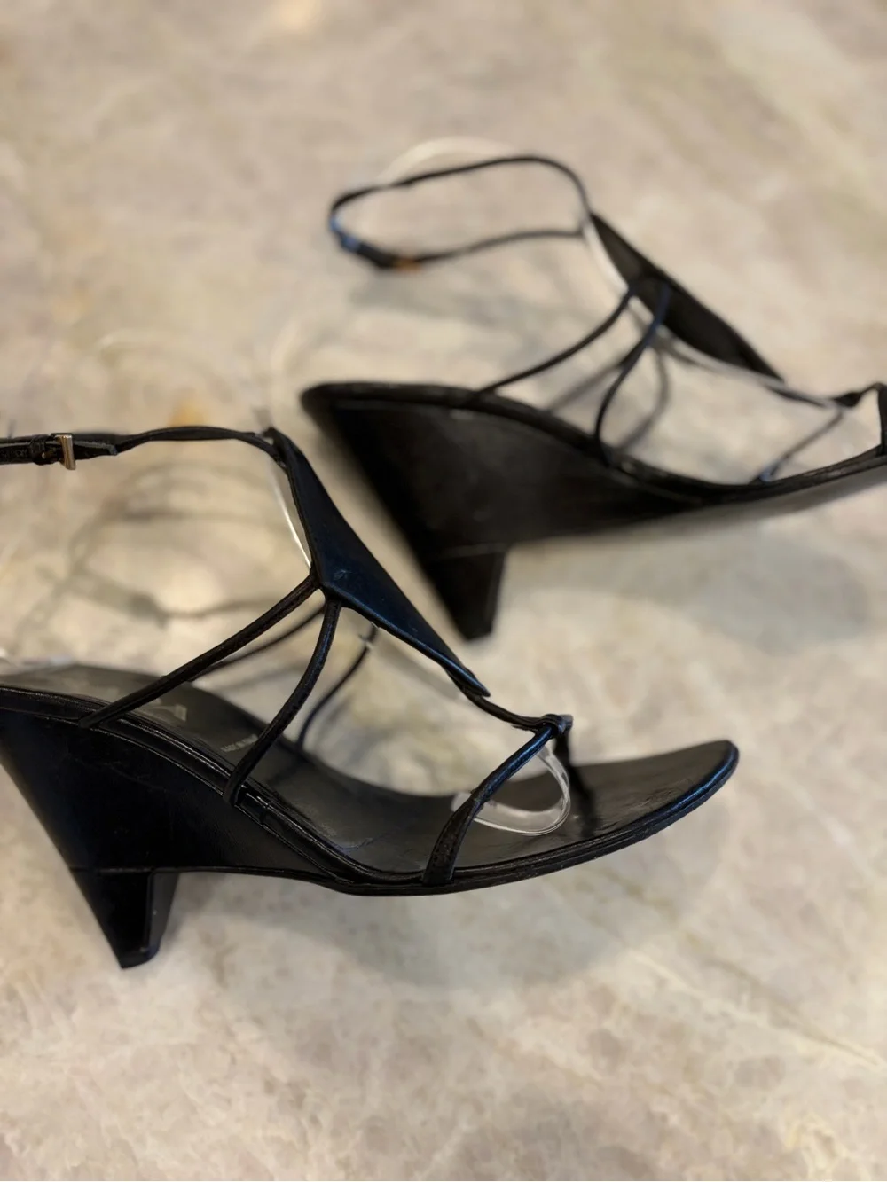 Prada Black Strappy Pointed-Toe Wedge style Heeled Sandals.